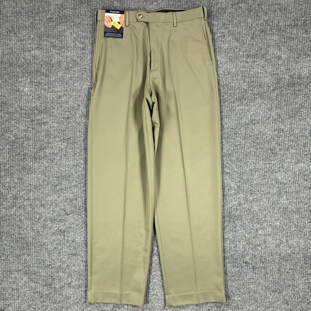Roundtree & Yorke Mens Dress Pants 33x32 Olive Easy Care Flat Front Career
